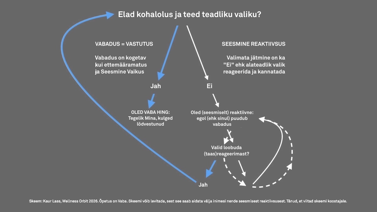 Reaktiivsuses jätkamine on ka valik. Alateadlik valik jätta valik tegemata. Teadlik valik sünnib kehas kohal olles, teadvustades ja tunnetades. Reaktiivsuses jätkamine on ka valik. Alateadlik valik jätta valik tegemata. Teadlik valik sünnib kehas kohal olles, teadvustades ja tunnetades.